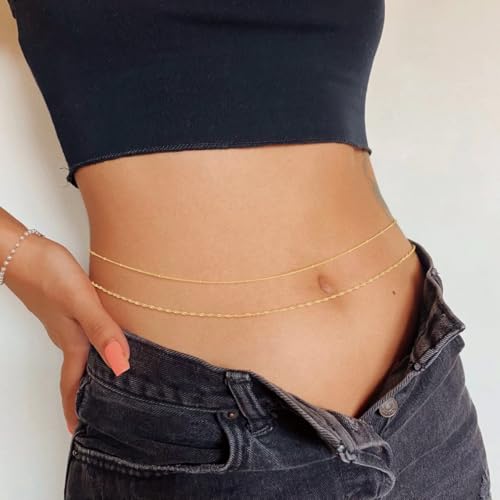Gold Waist Chain for Women Dainty 14K Gold Plated Layered Belly Chain Adjustable Bikini Belly Beads for the Waist Waterproof Beach Accessories Body Chain Jewelry for Gifts - style: BY0004