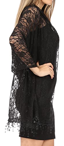 Sakkas Mari Women's Large Lightweight Soft Lace Scarf Wrap Shawl Floral and Fringe - color: Style2-black