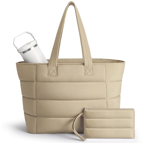 Puffer Tote Bag with Pouch, Women's Lightweight Quilted Shoulder Bag, 15.6"/17.3 Laptop Travel Weekender for Work & Nurses - color: Khaki, size: Medium