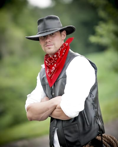 27.5 Inches Western Bandana Scarf With Leather Scarf Buckle, 100% Cotton Neck Scarf for Men Cowboy Scarves - color: Red