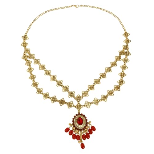 Boho Headband for Women Elegant Bridal Wedding Headpiece Cubic Zirconia Vintage Jhumka Bead Tassel Festival Gold Plated Adjustable Forehead Chain Bollywood Party Accessories Jewelry (Red, Gold) - color: Red