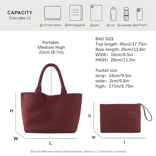 Woven Bag for Women, Large Neoprene Tote Bag Summer Beach Handbag Purse Retro Handmade Travel Shoulder Bag Set - color: Claret