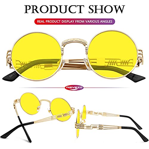 AIEYEZO Round Steampunk Sunglasses for Men Women Retro Circle Hippie Glasses Metal Frame 100% UV Blocking Lens - color: Gold/Ocean Yellow