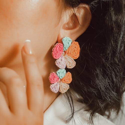Boho Flower Earrings Statement Raffia Dangle Earrings Cute Floral Jewelry Trendy Summer Beach Vacation Outfits for Women - color: Colorful
