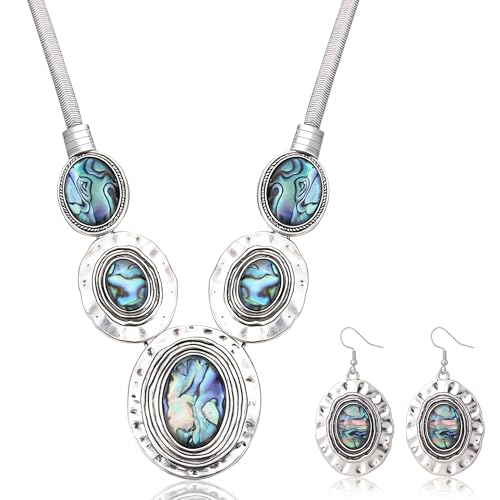 4 PCS Western Turquoise Jewelry for Women Boho Vintage Navajo Pearl Necklace Earring Bracelet Ring Set Country Cowgirl Accessories for Gift - color: Q-Blue（No Bracelet No Ring）