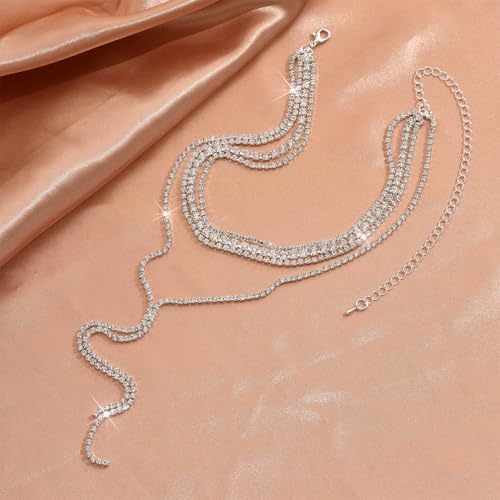 Statement Layered Sparkly Crystal Choker Black Long Tassel Y Necklace for Women, Dainty Multilayer Silver Bling Rhinestone Necklaces Prom Jewelry Gift - color: Silver