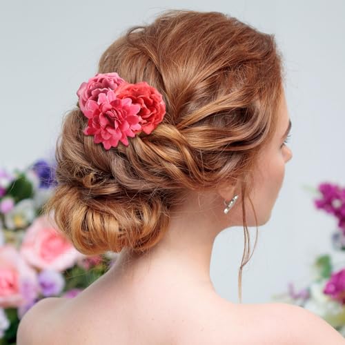 BBTO 21 Pcs Flower Hair Clip Rose Hair Clips Barrettes for Women Flower Accessories Boho Bride Claw Clip Hairpin Brooch Pin Headpiece for Wedding (Red Series) - color: Red Series