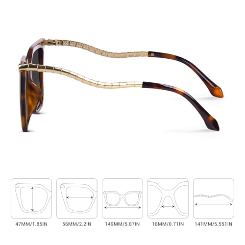 DrRelax Big Square Sunglasses Womens Retro Polarized Sun Glasses with Metal UV 400 Protection - color: Tortoise/ Gradient Grey