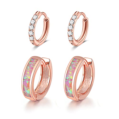 CiNily Huggie Earrings Opal Hinged Hoop Earrings Gold Plated Hypoallergenic Small Hoop Earrings for Women Teen Girls Men Sensitive Ears - color: Pink-Rose Gold