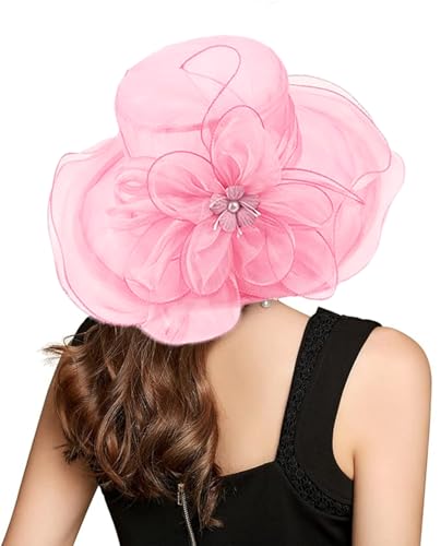 ORIDOOR Women’s Organza Church Tea Party Wedding Fascinator Derby Hat Wide Brim Sun Hats - color: C2-light Pink