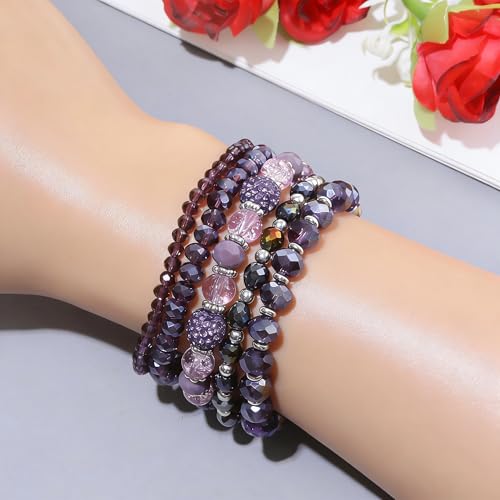 5PCS Beaded Bracelets for Women, Stackable Bohemian Glass Crystal Bead Stretch Bracelets, Purple Jewelry Multilayered Disco Ball Design, Gift for Mother's Day, Birthday, Anniversary