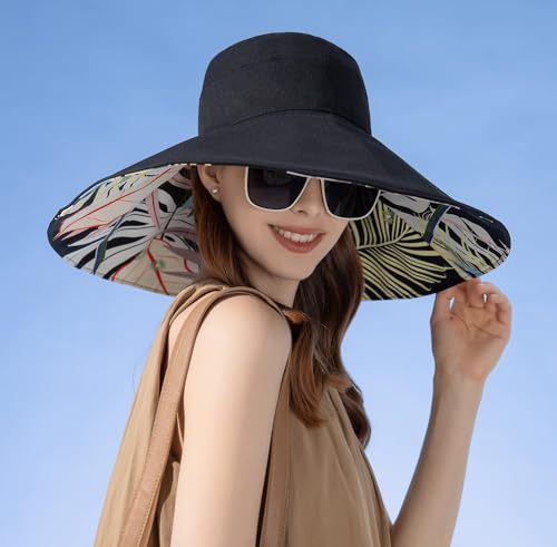 HUAMULAN Women Summer Sun Hat Wide Brim Wired Edge Floral Beach Bucket Hats Reversible Foldable Travel UV Protection Lady Hat - color: Bg8240-black
