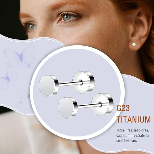ZDE Women Earrings Flat Back Dot Earrings Titanium Hypoallergenic Cartilage Non-Nickel Earrings Studs for Sensitive Ears Simple Classic 3mm/4mm/5mm/6mm Screw On Stud Earring - color: Silver, size: 3MM