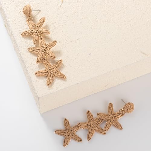 Boho Raffia Earrings Starfish Shell Seashell Dangle Drop Earrings Cute Statemnet Trendy Jewelry Summer Beach Outfits for Women - color: Sand, size: Seastar