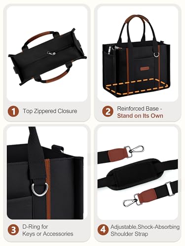 FIORETTO Women’s Canvas Tote Bag Purse with Zipper, Multi Compartment & Reinforced Bottom, Ideal for Work, Bible, Travel - color: Black, size: Large, style: Built-in Organizer