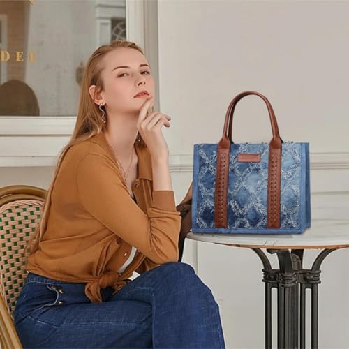 Denim Tote Bag for Women Top Handle Satchel Purse Boho Shoulder Handbags with Wristlet - color: Blue