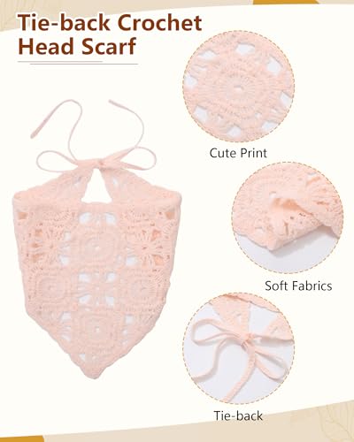 AWAYTR Crochet Head Scarf Hair Bandanas Women Knit Bandana Headband Scarf Tie-Back Head Coverings Floral Headscarf - color: Solid Color - Pink + Beige + Orange Pink