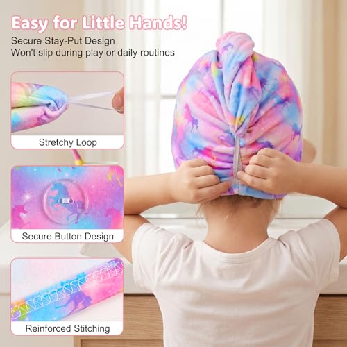 Basumee Microfiber Hair Towel Wrap for Kids 2 Pack Rapid Drying Hair Towel with Button Hair Turbans for Wet Hair Wraps Head Towel Wrap for Women and Girls, Colorful Unicorn - color: Colorful Unicorn