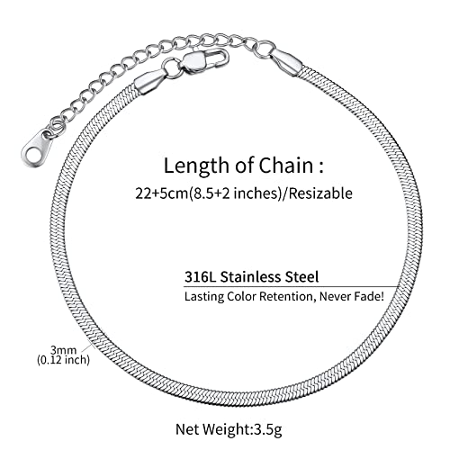 ChainsHouse Ankle Bracelets for Women, Stainless Steel Chain Anklets Waterproof, Women Summer Beach Jewelry Gift, Come with Box - color: 09. 3mm-Herringbone-Steel
