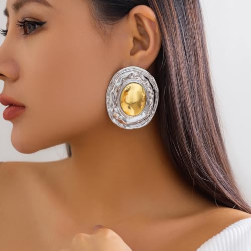 Mixed Metal Statement Earrings for Women Chunky Earrings Big Statement Large Oval Round Pebble Shape Earring Irregular Geometric Drop Dangle Earring Chunky Jewelry - style: 1 - S
