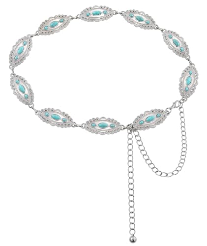 XZQTIVE Women Boho Chain Belts For Dresses Jeans Western Cowgirl Waist Links Belt Adjustable Metal Concho Belt - size: Fit Waist upto 36inches, style: Turquoise Bright Silver