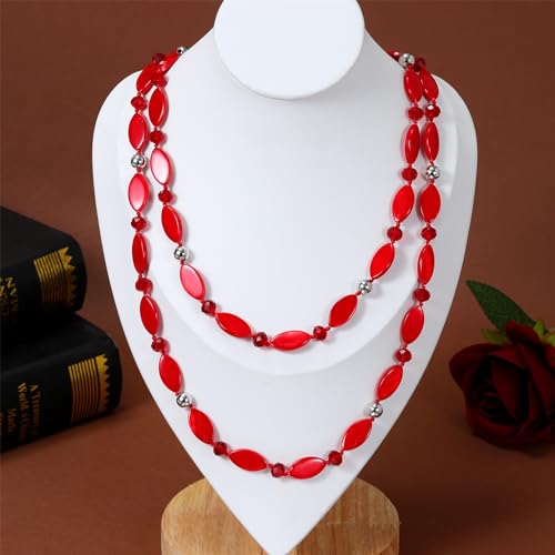 Long 48" Beaded Necklace for Women Boho Knot Strand Chunky Shell Crystal Beads Fashion Costume Jewelry for Gifts - color: Red