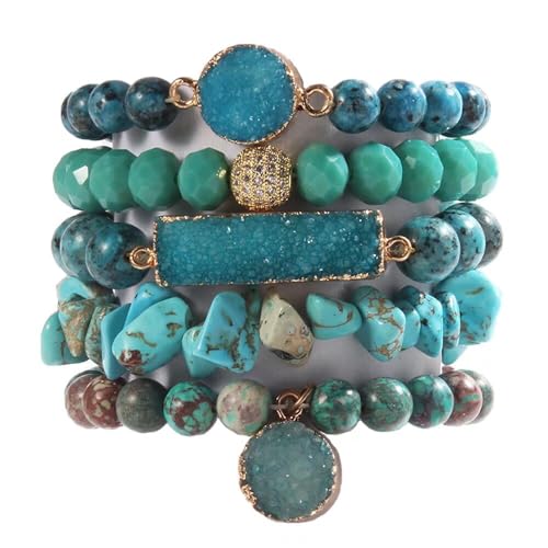 Yomisa 5PCS 6PCS Natural Boho Beaded Bracelets/Bangle for Women Men,Healing Turquoise Jasper Agate Crystal Gemstone Stone Chakra Multilayer Wrap Bohemian Handmade Jewelry Beads Stretch Bracelet Set - color: 5PCS-Blue