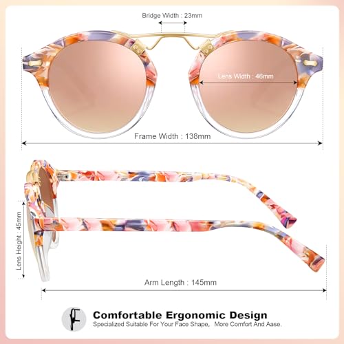 CARFIA Double Bridge Small Acetate Sunglasses for Women Polarized, Retro Metal Brow Ladies Sunnies Fashion Round Eyewears - color: 6. Pink White Tortoise Frame Pink Mirrored