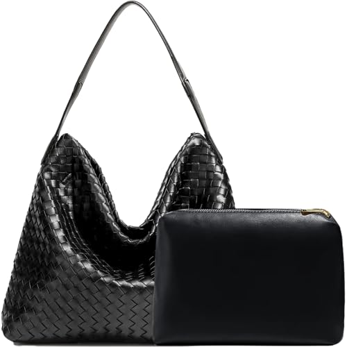 JINMANXUE Women Boston Bag, Woven Hobo Tote Handbag and Purses, Female Satchel Messenger Bags, Fashion Shoulder Crossbody Bag - color: Black