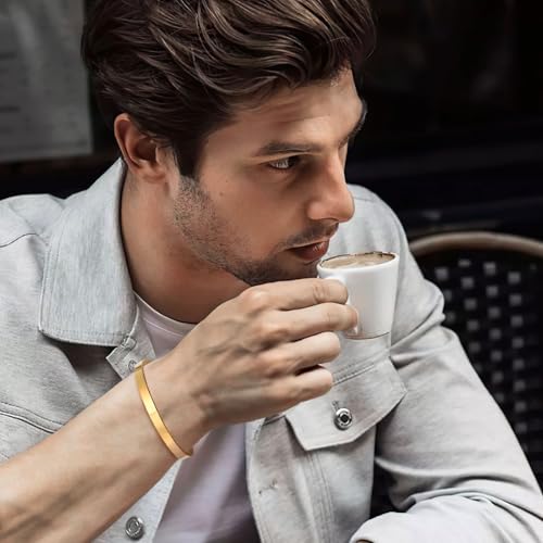 MEALGUET Stainless Steel Mens Cuff Bracelet : Minimal Cool Silver/Black/Gold Plated Open Metal Cuff Bangle Bracelets for Men,Mens Bracelet Jewelry Gift - color: Gold Plated-Single, size: Medium( fit 5.5"-7.2" wrist)