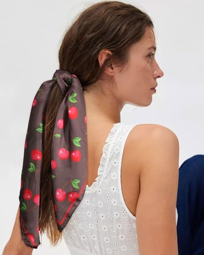 AWAYTR 27.5” Square Satin Head Scarf Hair Scarf for Women's Hair Silk Bandana for Women Silk Head Wrap for Sleeping - color: Brown+cherry