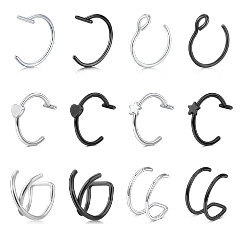 Briana Williams Fake Lip Piercing Fake Lip Ring Fake Nose Ring Fake Nose Piercing Faux Lip Rings Fake Snake Bite Piercing Clip on Non Piercing Double Cartilage Helix Earrings Ear Cuff for Women Men - color: C -12pcs