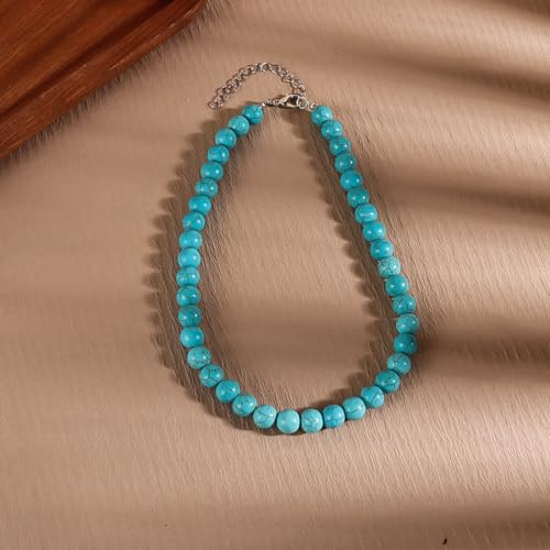 Pingyongchang Boho Layered Western Turquoise Necklaces for Women Vintage Stone Beaded Chokers Butterfly Catus Chain Country Concert Cowgirl Cowboy Jewelry Holiday Gifts - style: G 10MM