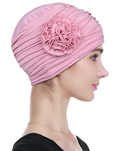 Alnorm Flower Design Chemo Hair Loss Caps Cancer Headwear for Women - color: Light Pink