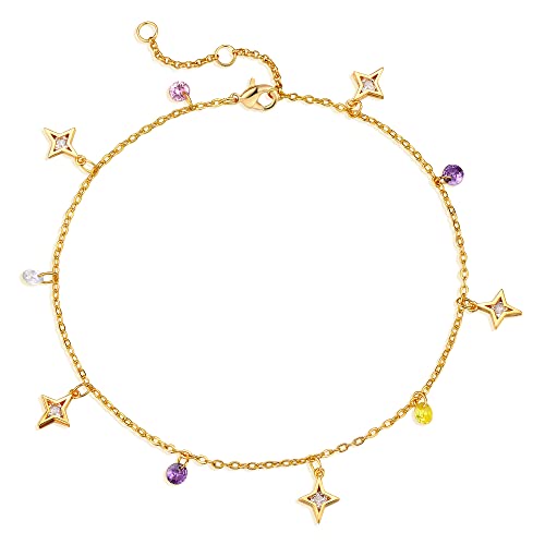MTMY Gold Anklets for Women 14K Gold Plated Tiny Bead Anklet Colorful Tassel Foot Chain Dainty Adjustable Cute Summer Beach Boho Anklets Jewelry Gift - style: cz star tassel