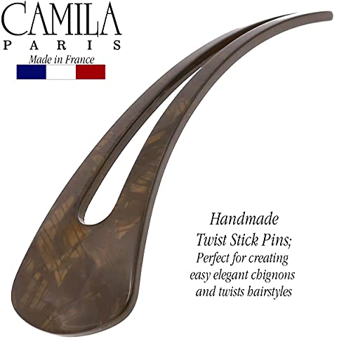 Camila Paris CP3163 French Twist Stick Clip Pins, Brown, Wavy Hair Pin U-Shaped Hair Fork for Girls Spiral Updo Chignon Bun Holder, Fashion Flexible Styling Hair Accessories for Women, Made in France - color: 2-Prong Brown