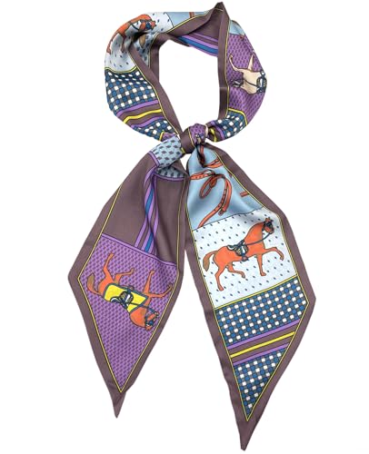 kcctoo 59” Long Silk Like Head Scarf Women's Fashion Square Neck Satin Scarfs for Bag Hair Scarves Gift 59 * 5.9” - color: J1 Purple Horse 59" X 5.9"