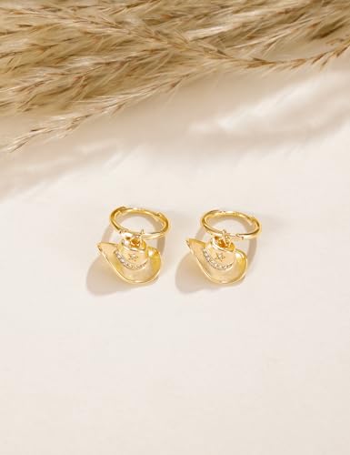 Mameloly Cowgirl Earrings for Women CZ 14K Gold Plated Western Cowboy Hat Dangle Hoop Earrings Cute Jewelry Hypoallergenic - color: 10 CZ Hat