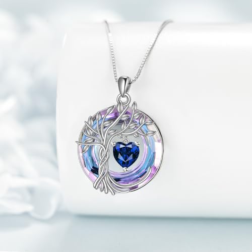 POPLYKE Mothers Day Gifts for Mom Her Wife Tree of Life Necklace 925 Sterling Silver Birthstone Pendant with Crystal Anniversary Birthday Wedding Jewelry for Women - color: 09-Sep-Sapphire, style: White Gold Plated-Amethyst Crystal