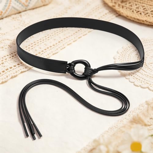 Knotted Waist Belt for Women PU Leather Thin Strap Belt for Dresses - color: Irregular-black