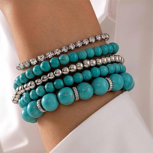 Boho Blue Turquoise Bracelet Set Rhinestone Tennis Bracelets Silver Round Ball Bracelet Turquoise Stone Beaded Bracelets Multilayer Stackable Bracelet Jewelry for Women