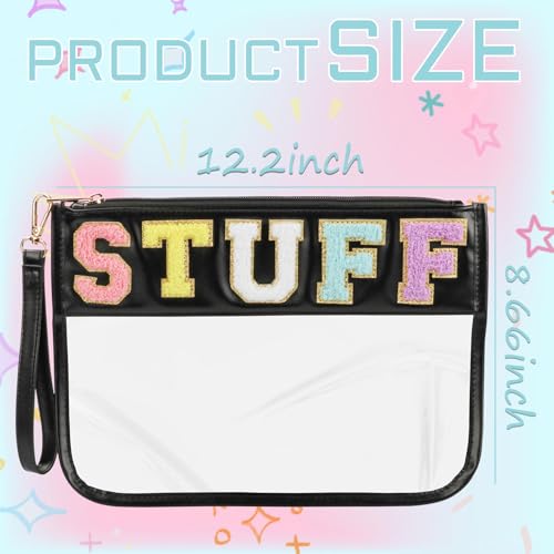 BuyCard Clear Stuff Bag for Travel, Preppy Chenille Letter Embroidered Zipper Pouch, Waterproof PVC & PU Leather Cosmetic Bag, Toiletry Makeup Bag for Women Girls Black - color: Black-Suff