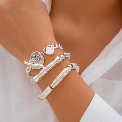 Jumwrit 3pcs Boho Layered Beaded Bracelets Set for Women Dainty Stretch Elastic Round Ball Beads Tube Chunky Chain Bracelets Stackable Silver Toggle Cuban Link Bracelets Trendy Jewelry