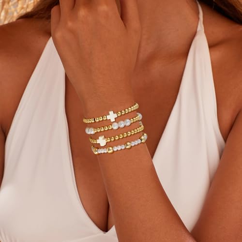 VIBILIA Gold Beaded Bracelets Set for Women 14K Gold Plated Dainty Pearl Cross Bracelet Stack Stretch Bracelet Set Fashion Accessories Gifts - color: 4P-XY-396-White