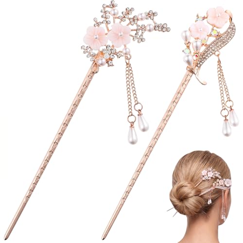 2 Pcs Rhinestone Pearl Flower Hair Stick Chinese Hair Chopsticks Vintage Tassel Hair Pin Chignon Pin Hair Styling Making Accessories for Women