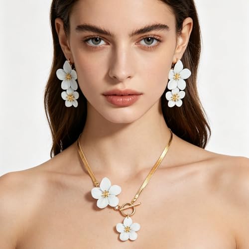 WCRAZYE Gold Flower Earrings Necklace Set for Women Boho Summer Daisy Floral Statement Earrings Brides Wedding Guest Dresses Jewelry - color: White