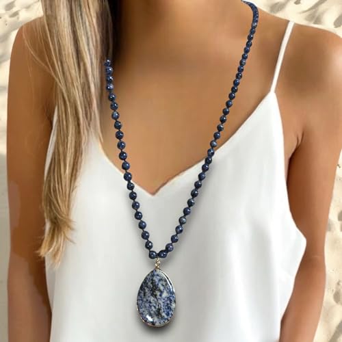 Long Genuine Stone beads and Pendant Necklace for Woman. Hand Knotted natural stone beads with big non-precious stone statement necklace. HANDMADE Boho Jewelry for women. - color: Blue