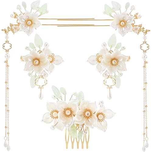 HINZIC 5pcs Flower Tassels Hairpin for Women, Non-Slip Crystal Pearl Camellia Hair Clips, Retro Chinese Hanfu Wedding Brides Hair Accessories for Long Hair - color: Camelia