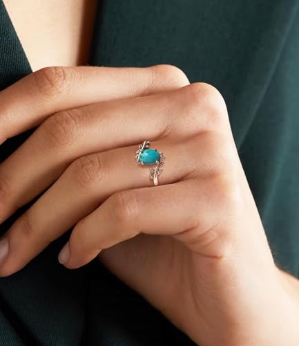 Genuine Turquoise Ring for Women Western Oval Gemstone Jewelry 925 Sterling Silver Leaf Bohemian Boho for Her Wife Mom - color: Turquoise
