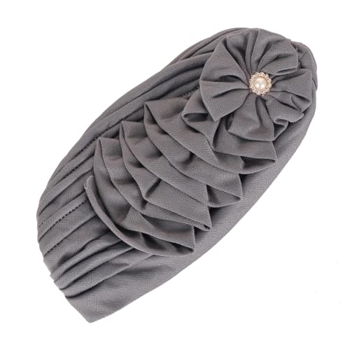 Flower Turban Hats for Women - Ruffle Bead Stretch Solid Caps Chemo Cancer Pre Tied Headscarf Headwear - color: Gray